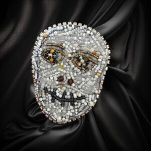 Unique Murka Handcrafted Beaded Skull Face Brooch Cream White and Gold